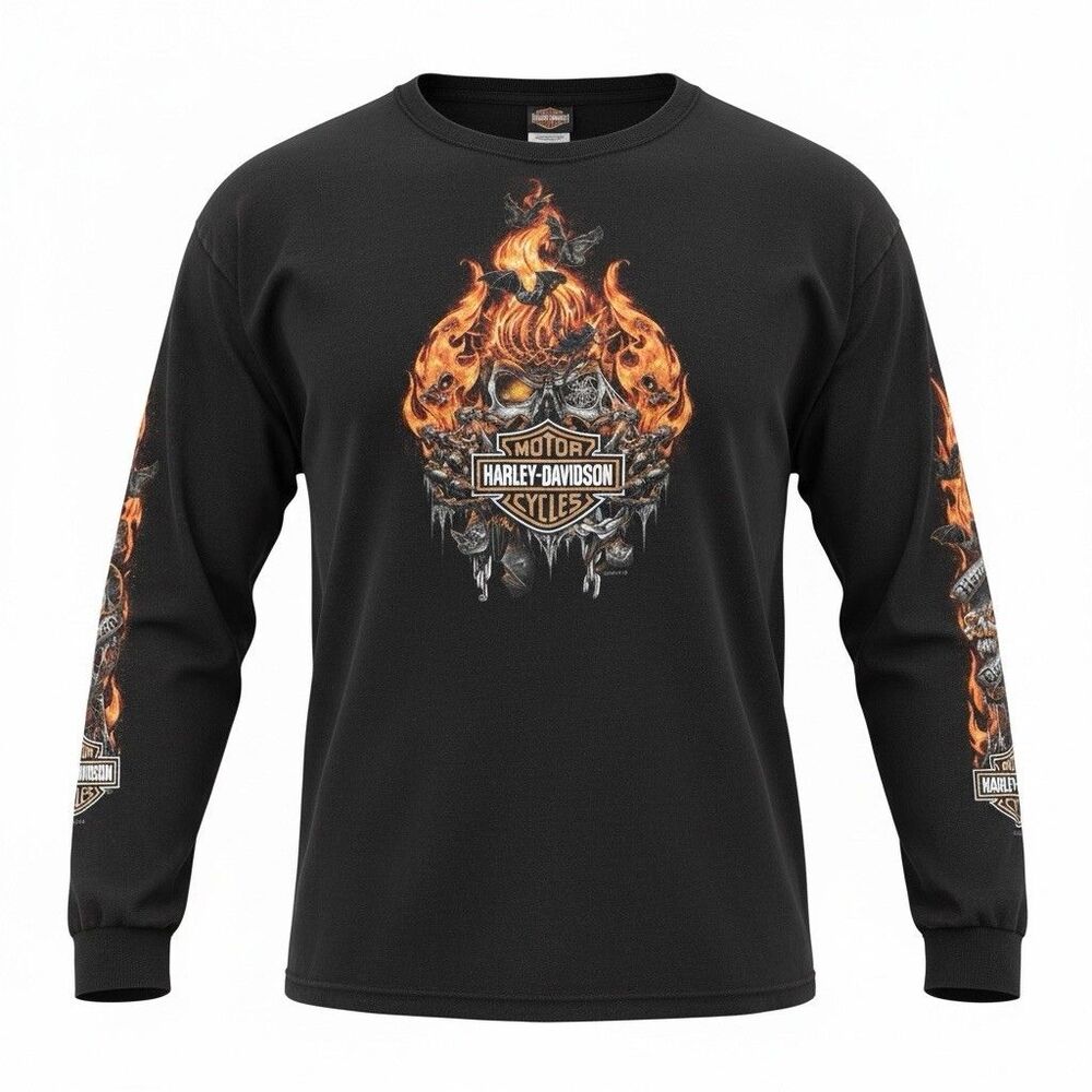 Harley-Davidson Shirt Mens XXXL Black Long Sleeve Flames Skulls Cozumel Mexico